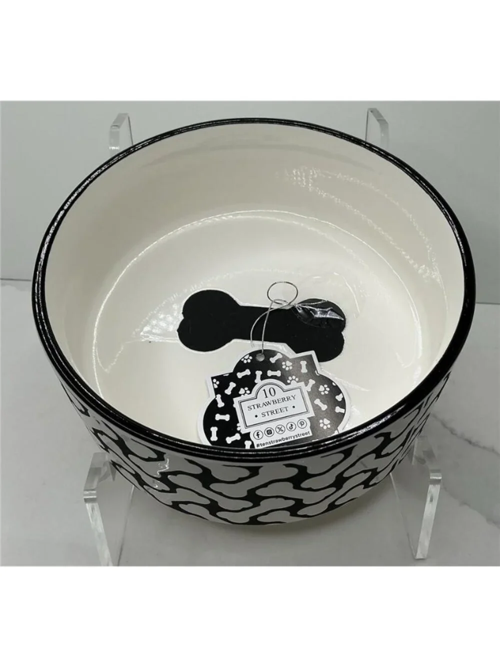 10 Strawberry Street Pet Bowl Black Bone Embossed Ceramic New